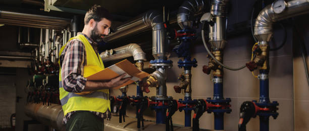 istock Technician engineer man in uniform with tablet checking and control boiler tanks and liquid pipeline in production line at factory 1384290834
