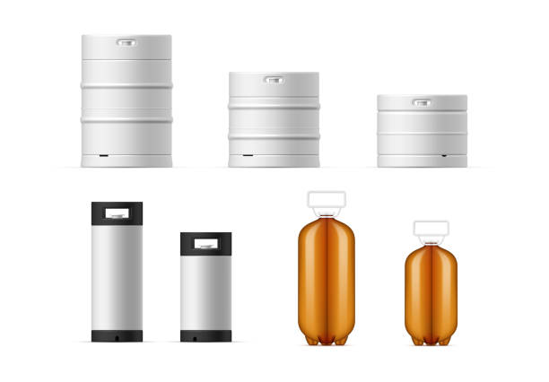 Realistic beer kegs collection vector barrels, cans and bottles for storage malt alcohol beverage Realistic beer kegs collection vector illustration. Set of barrels, cans and bottles for carrying and storage malt alcohol beverage isolated. Metallic and plastic containers for industrial and retail keg stock illustrations