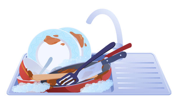 ilustrações, clipart, desenhos animados e ícones de pilha de pratos sujos na pia metálica da cozinha com ilustração plana vetor de torneira - tube messy dirty stack