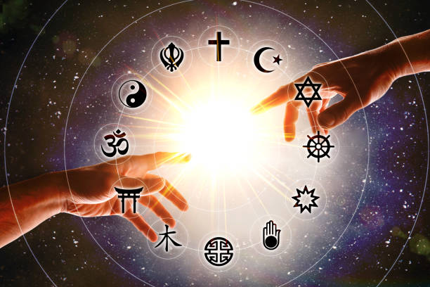 istock Hands and flash with religious symbols and universe background 1384292941