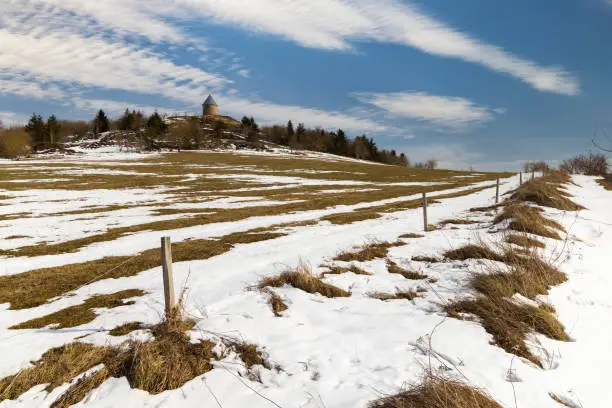 Photo of The mining landscape Mednik Hill, UNESCO World Heritage site, part of Erzgebirge mountains mining region from 15th to 19th century.