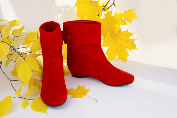 Red suede short angle boots without heels and yellow autumn maple leaves on white background with shadow. Copy space, front view.