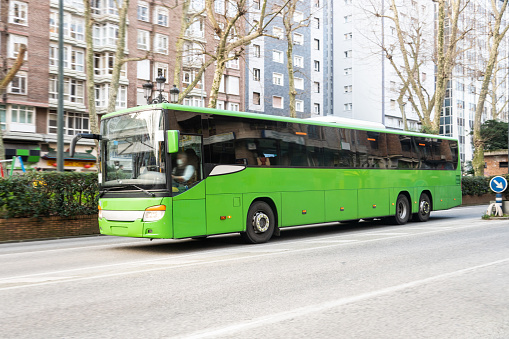 A large, green coach bus in a city
