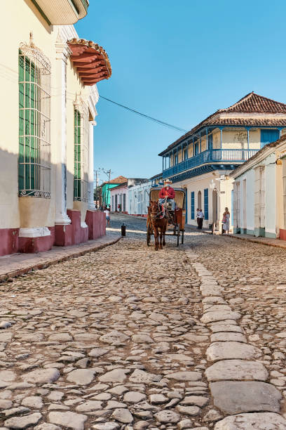 cobblestone street in colonial old town in trinidad, cuba. cabman on horse-drawn cart. - old men car vertical imagens e fotografias de stock