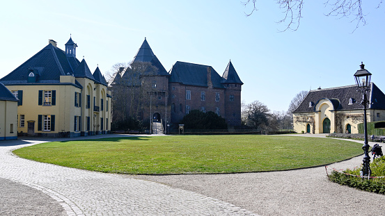 Schloss Fasanerie, palace complex from the 1700s, near Fulda, approach to the main front gate from the park, Eichenzell, Germany