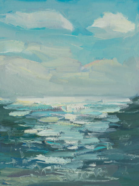 ilustrações de stock, clip art, desenhos animados e ícones de abstract blue sea background with oil paint. summer art background. - vista do mar
