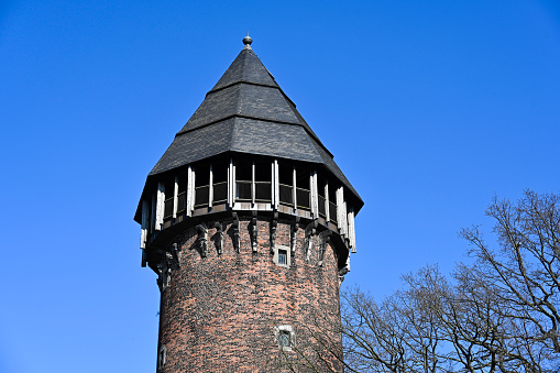 Krefeld, Germany, March 10, 2022 - Tower of the Moated Castle Linn, North Rhine Westphalia, Germany, Krefeld