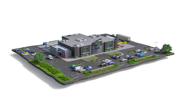 istock Mall on a white background with the adjacent territory: parking, car service, restaurant located on the island. 3d illustration 1384304974