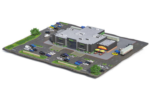 istock Mall on a white background with the adjacent territory: parking, car service, restaurant located on the island. 3d illustration 1384305007