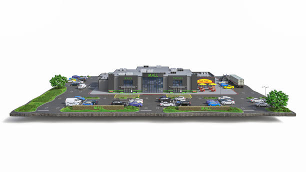 istock Mall on a white background with the adjacent territory: parking, car service, restaurant located on the island. 3d illustration 1384305057