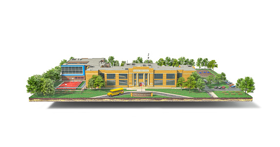 School on a white background with the adjoining territory located on an island.3d illustration
