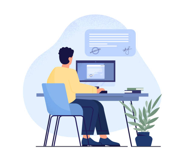 Online approved application Online approved application. Young guy sitting at monitor, freelancer and remote employee. Character booked doctors appointment or event. Modern technologies. Cartoon flat vector illustration one person stock illustrations