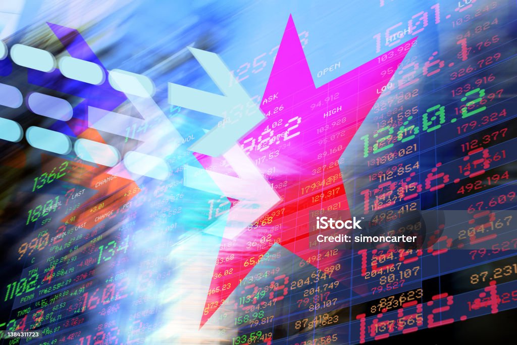 Red Star with Graphic Arrows, Trading Data and Financial Buildings. Red Star with Graphic Arrows, Trading Data and Financial Buildings. Digitally genetrated image. Technology Stock Photo