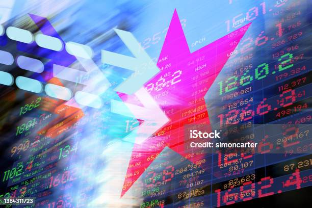 Red Star With Graphic Arrows Trading Data And Financial Buildings Stock Photo - Download Image Now