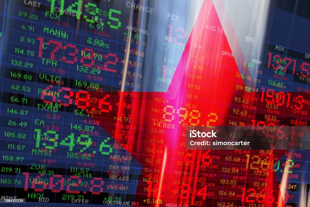 Red Star with Trading Data and Financial Buildings. Red Star with Trading Data and Financial Buildings. Digitally genetrated image. Bank Book Stock Photo
