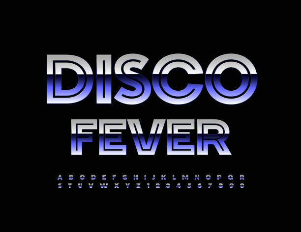 ilustraciones, imágenes clip art, dibujos animados e iconos de stock de cartel de entretenimiento vectorial disco fever. metal azul alfabeto letras y números conjunto - dance fever