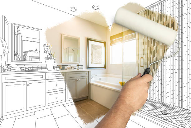 Before and After of Man Painting Roller to Reveal Newly Remodeled Bathroom Under Pencil Drawing Plans. Before and After of Man Painting Roller to Reveal Newly Remodeled Bathroom Under Pencil Drawing Plans. bathroom remodeling stock pictures, royalty-free photos & images