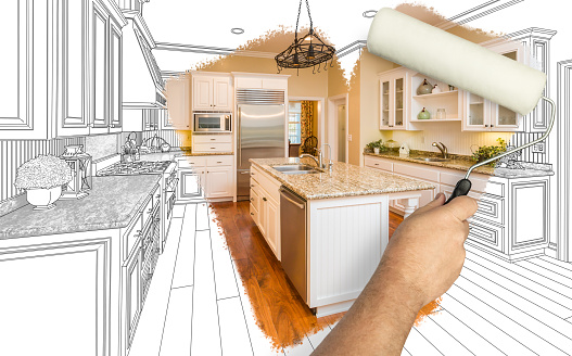 Before and After of Man Painting Roller to Reveal Newly Remodeled Kitchen Under Pencil Drawing Plans.