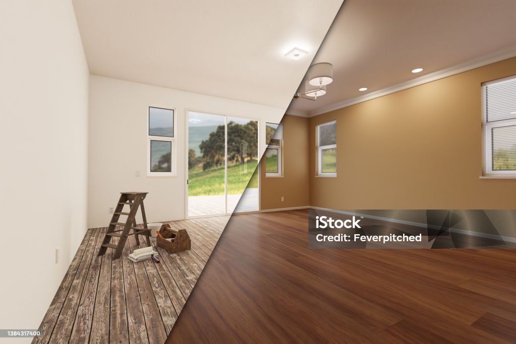 Unfinished Raw and Newly Remodeled Room of House Before and After with Wood Floors, Moulding, Tan Paint and Ceiling Lights. Renovation Stock Photo