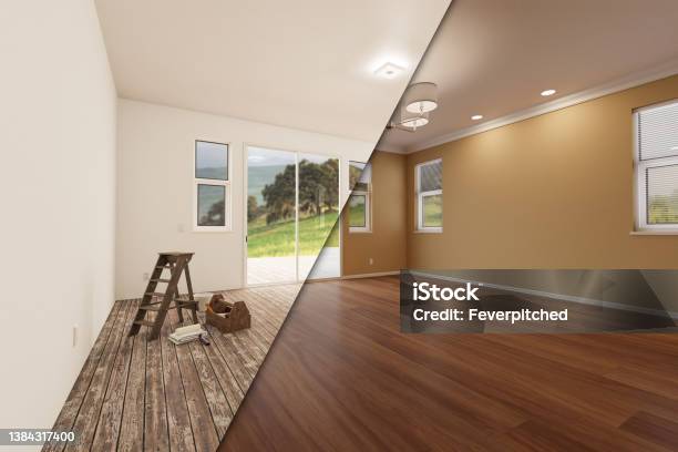 Unfinished Raw And Newly Remodeled Room Of House Before And After With Wood Floors Moulding Tan Paint And Ceiling Lights Stock Photo - Download Image Now