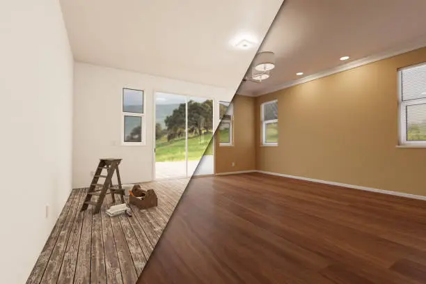 Photo of Unfinished Raw and Newly Remodeled Room of House Before and After with Wood Floors, Moulding, Tan Paint and Ceiling Lights.