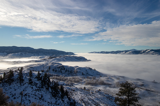 View of a cloud inversion in the Okanagan Valley on a winter day from Anarchist Mountain in Osoyoos, BC, Canada