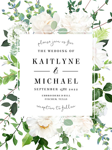 Floral vector banner, vertical invitation frame with white rose, magnolia, eucalyptus, emerald and mint greenery, green plants. Wedding design watercolor card. All elements are isolated and editable