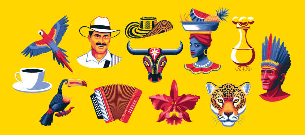 ilustraciones, imágenes clip art, dibujos animados e iconos de stock de conjunto de imágenes típicas colombianas vector - acordeon
