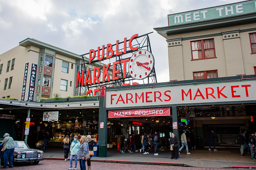 The famous Pike Place Market in downtown Seattle, Washington. Shot on a cloudy day in springtime.