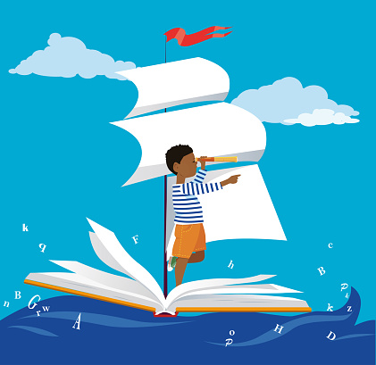 Little boy sailing on a book ship in the sea with letters, EPS 8 vector illustration