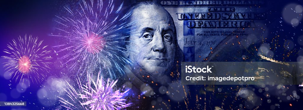 Prosperity and celebration concept of American one hundred dollar bill and fireworks at night sky American one hundred dollar bill and fireworks Lottery Stock Photo