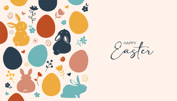 Happy Easter card, cute bunny, eggs and flowers elements, vector illustration vector art illustration