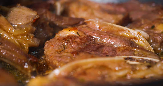 Close Up Tasty Meat Frying. Appetizing Lamb Dish.
