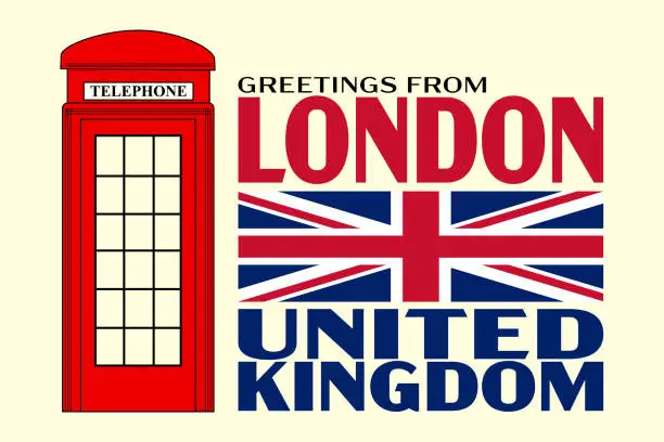 Vector illustration of Greetings from London United Kingdom with the Union Jack flat and a red telephone booth