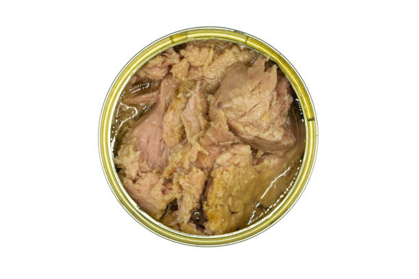 istock Canned tuna isolated on white background top view 1384330245