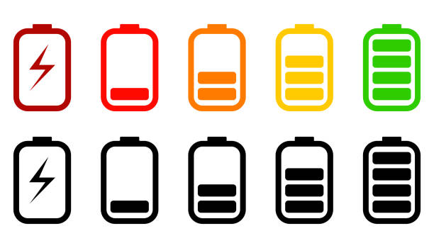 Battery power/charge levels icon set. Battery power/charge levels icon set. Colored and black variations. battery storage stock illustrations