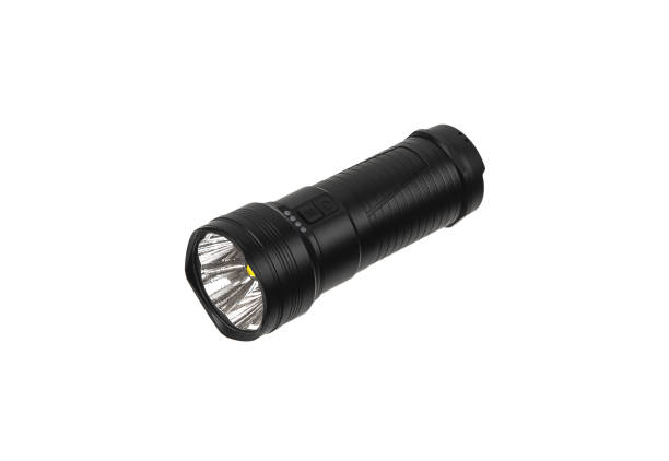 black metal led flashlight isolate on a white background. pocket lamp for dark time of day or dark rooms. - military airplane flash imagens e fotografias de stock