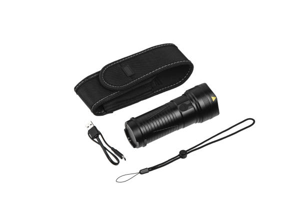 black metal led flashlight isolate on a white background. pocket lamp for dark time of day or dark rooms. - military airplane flash imagens e fotografias de stock