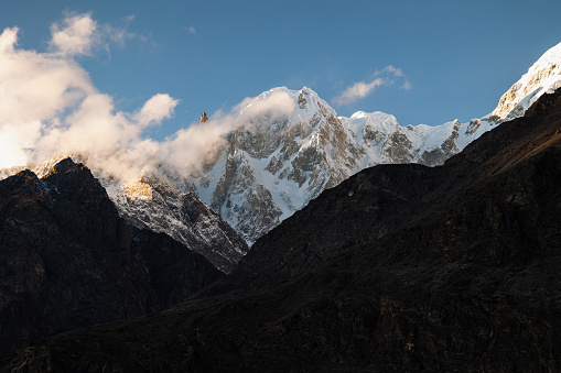 Mount Makalu with clouds, Nepal Himalayas mountains, Barun valley, evening view