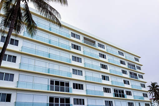 Modern apartment buildings with palm trees at Avenue at Miami, Usa