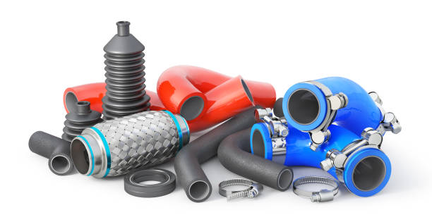 трубы, резиновые и силиконовые трубы и различные товары. 3d иллюстрация - engine car truck hose стоковые фото и изображения