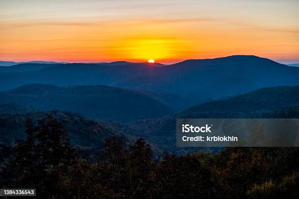 Autumn Season Foliage With Sunrise Morning At Highland Scenic Highway 150 Road In West Virginia Monongahela National Forest Appalachian Mountains Stock Photo - Download Image Now