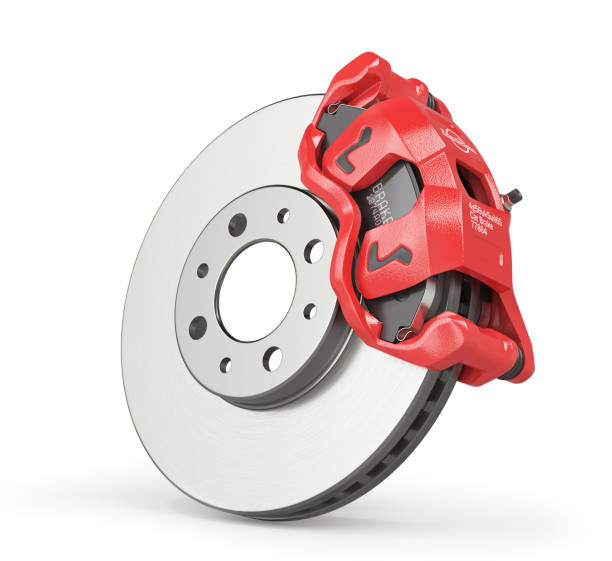 istock Car brake disk with red caliper. Car brake on a white background. 3d illustration 1384336664