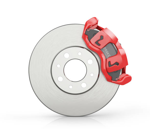 istock Car brake disk with red caliper. Car brake on a white background. 3d illustration 1384336667
