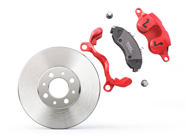Car brake disk with red caliper. Car brake on a white background. 3d illustration stock photo
