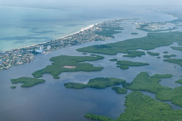 Aerial plane or drone view of Ft Myers beach landscape near Sanibel Island in southwest in Florida Saharan with beautiful green water and Estero Bay Aquatic Preserve Aerial plane or drone view of Ft Myers beach landscape near Sanibel Island in southwest in Florida Saharan with beautiful green water and Estero Bay Aquatic Preserve sanibel island stock pictures, royalty-free photos & images