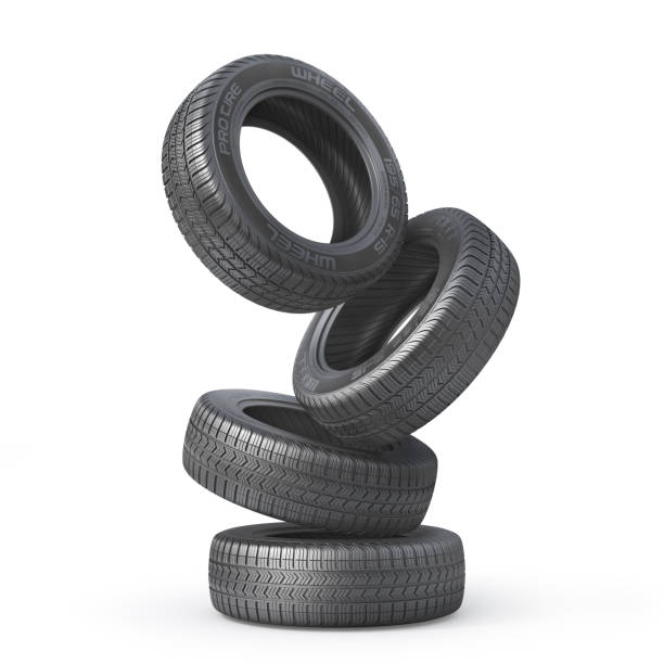 Stack of car tires without brand on a white background. 3d illustration stock photo
