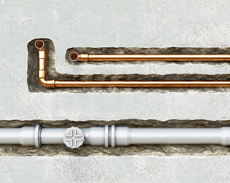 Front view on a mounting process of new plumbing pvc and copper pipes installing inside the wall, 3d illustration