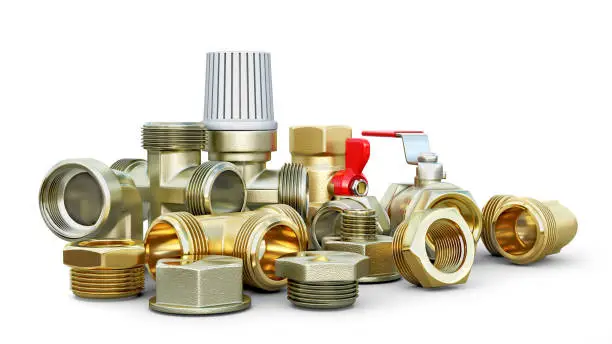 Photo of Different valves and fittings isolated on white background, 3d illustration