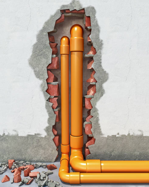 Pvc pipes are mounting inside the broken brick wall, plumbing renovation concept, 3d illustration